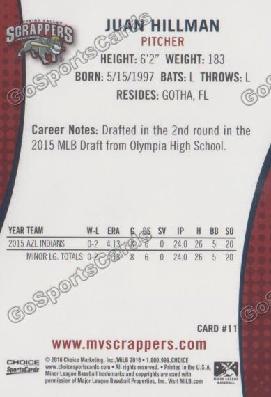 2016 Mahoning Valley Scrappers Juan Hillman Back of Card