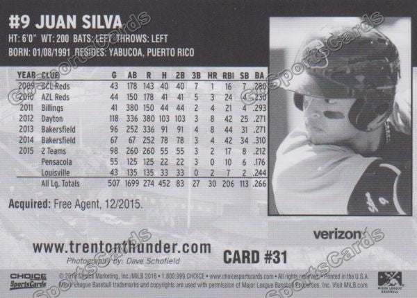 2016 Trenton Thunder Juan Silva Back of Card