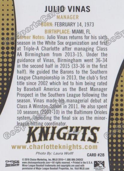 2016 Charlotte Knights Julio Vinas Back of Card