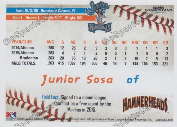 2016 Jupiter Hammerheads Junior Sosa  Back of Card