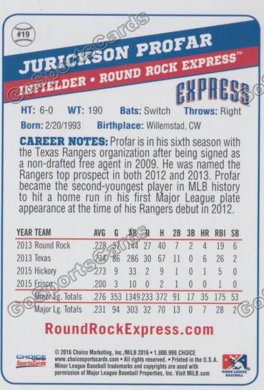2016 Round Rock Express Jurickson Profar Back of Card