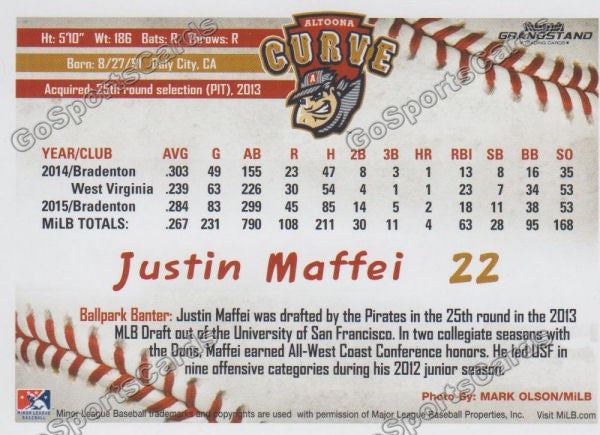 2016 Altoona Curve Justin Maffei Back of Card