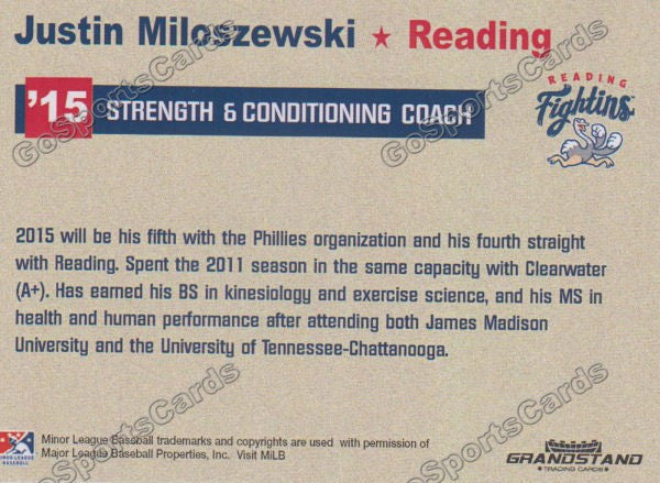 2015 Reading Fightin Phils Update Justin Miloszewski  Back of Card
