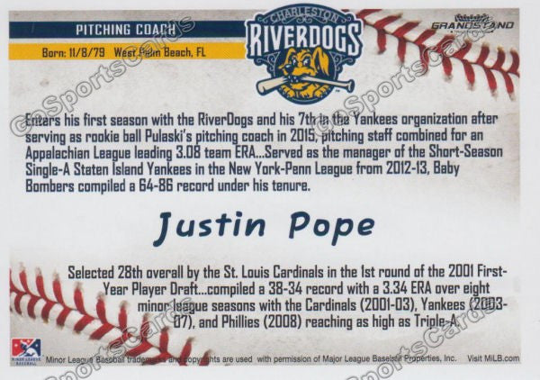 2016 Charleston RiverDogs Justin Pope Back of Card