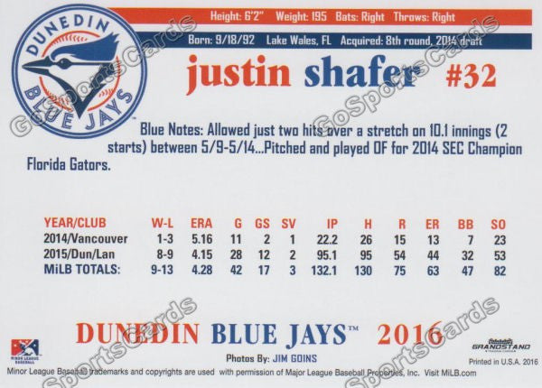 2016 Dunedin Blue Jays Justin Shafer  Back of Card