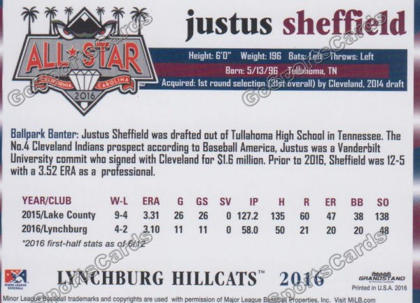 2016 Carolina League All Star Justus Sheffield Back of Card