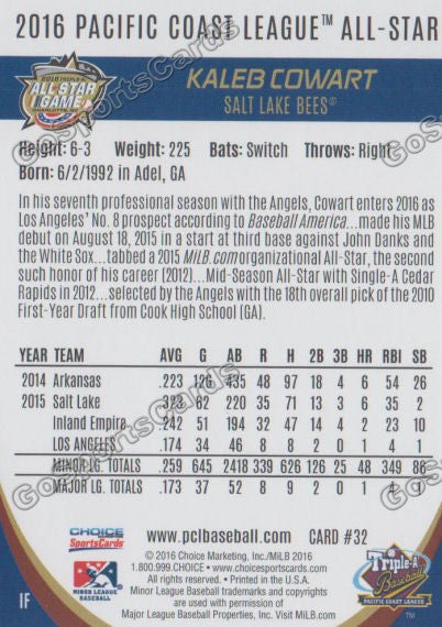 2016 Pacific Coast League All Star Kaleb Cowart Back of Card