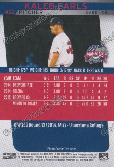 2016 Brevard County Manatees Kaleb Earls Back of Card
