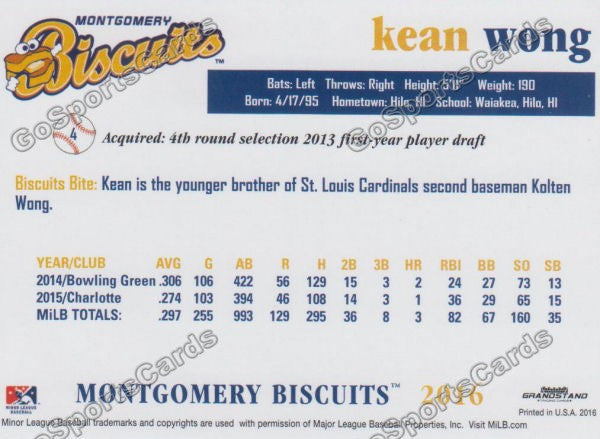 2016 Montgomery Biscuits Kean Wong  Back of Card