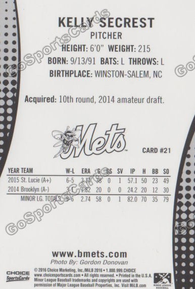 2016 Binghamton Mets Kelly Secrest Back of Card
