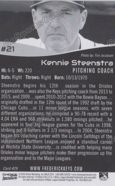 2016 Frederick Keys Kennie Steenstra Back of Card