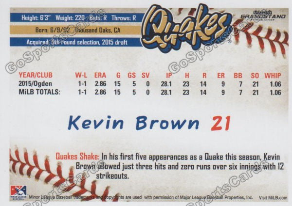 2016 Rancho Cucamonga Quakes Kevin Brown Back of Card