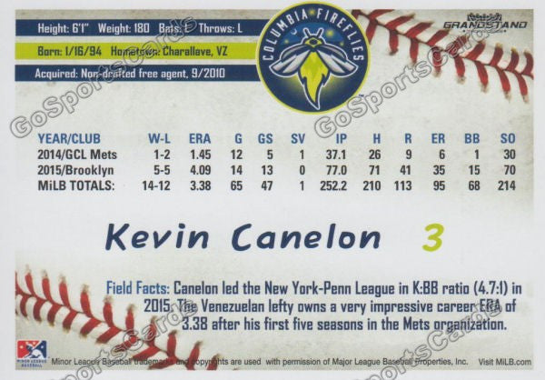 2016 Columbia Fireflies Kevin Canelon Back of Card