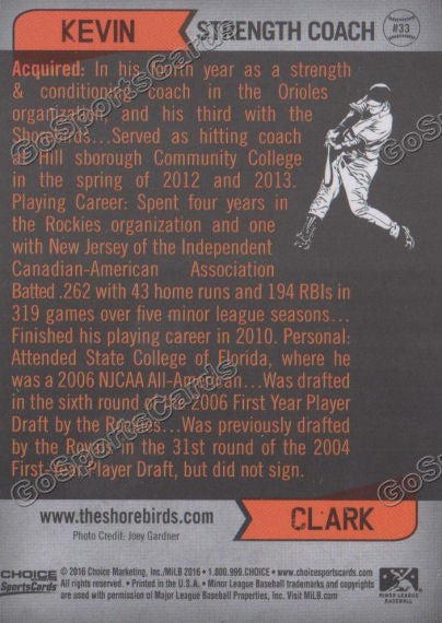 2016 Delmarva Shorebirds Kevin Clark  Back of Card