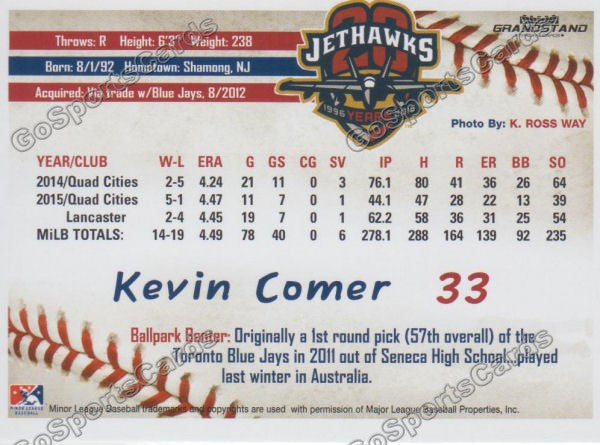 2016 Lancaster JetHawks Kevin Comer Back of Card