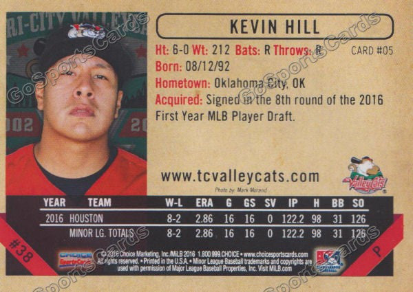 2016 Tri City ValleyCats Kevin Hill Back of Card