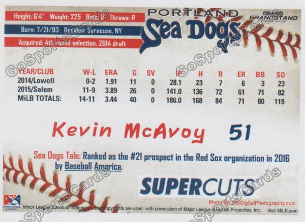 2016 Portland Sea Dogs Kevin McAvoy Back of Card