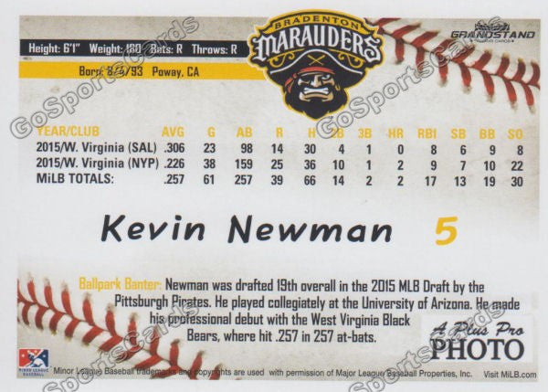 2016 Bradenton Marauders Kevin Newman Back of Card