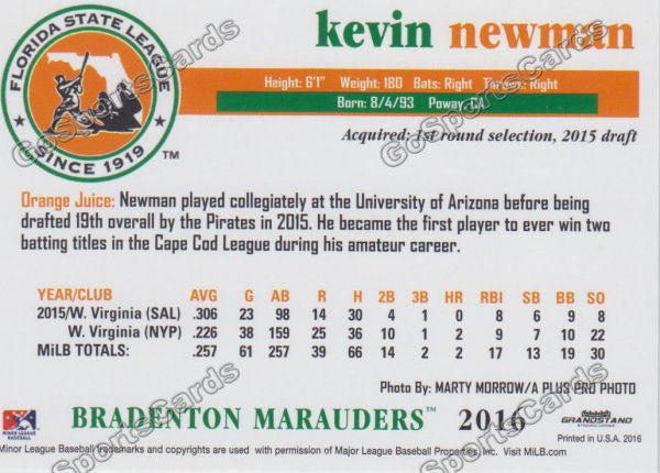 2016 Florida State League Top Prospect FSL Kevin Newman Back of Card