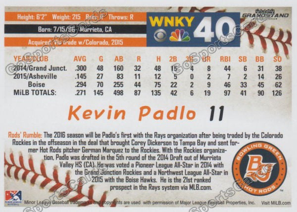 2016 Bowling Green Hot Rods Kevin Padlo Back of Card