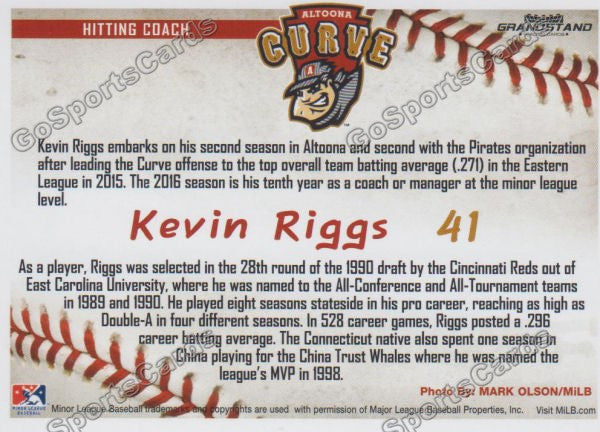 2016 Altoona Curve Kevin Riggs Back of Card