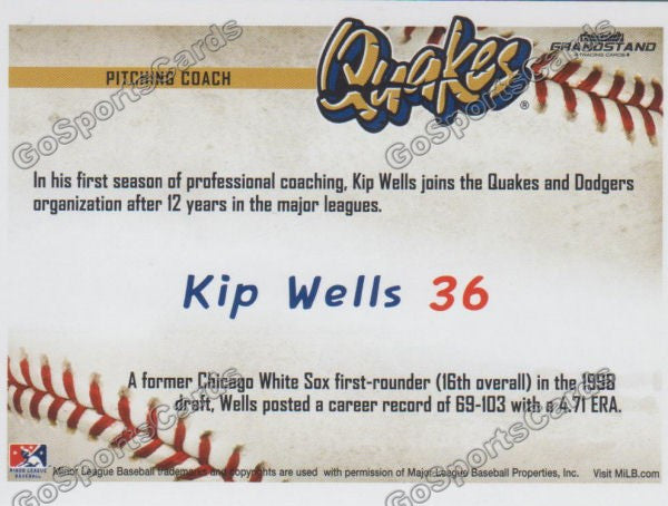 2016 Rancho Cucamonga Quakes Kip Wells Back of Card