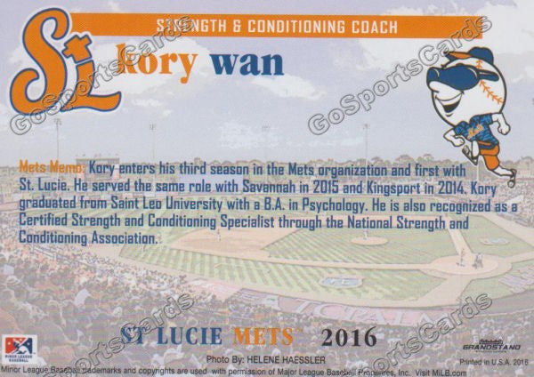 2016 St Lucie Mets Kory Wan  Back of Card