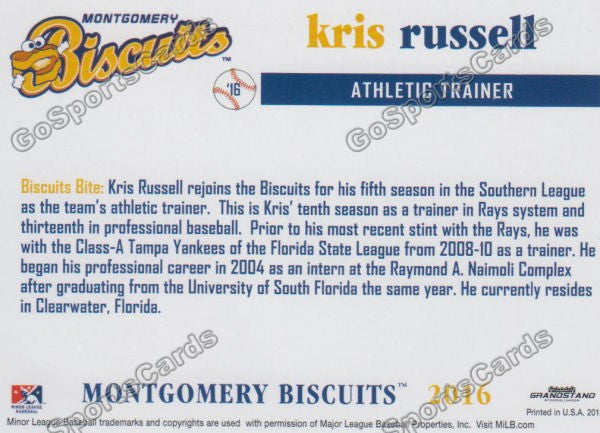 2016 Montgomery Biscuits Kris Russell  Back of Card