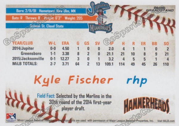 2016 Jupiter Hammerheads Kyle Fischer  Back of Card