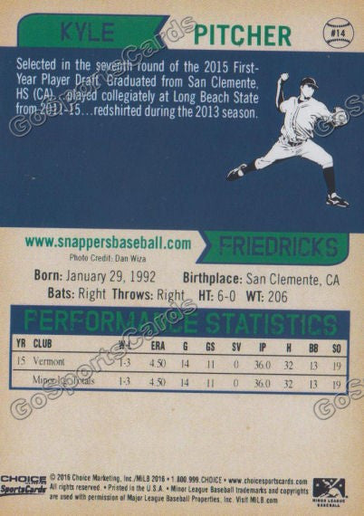 2016 Beloit Snappers Kyle Friedrichs Friedricks Back of Card