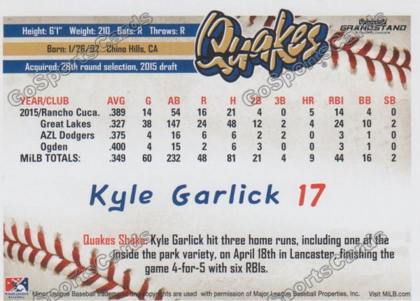 2016 Rancho Cucamonga Quakes Kyle Garlick Back of Card