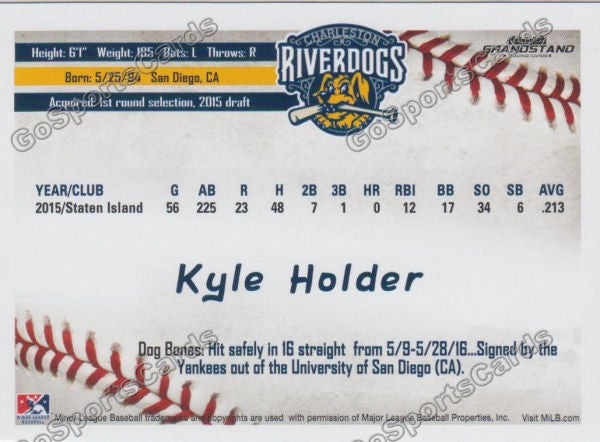 2016 Charleston RiverDogs Kyle Holder Back of Card