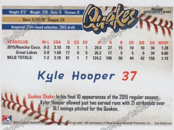 2016 Rancho Cucamonga Quakes Kyle Hooper Back of Card