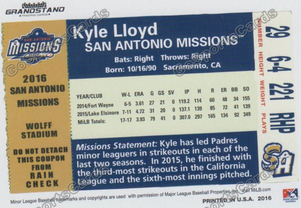 2016 San Antonio Missions Kyle Lloyd Back of Card