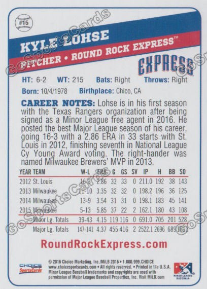 2016 Round Rock Express Kyle Lohse Back of Card