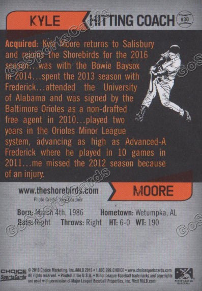 2016 Delmarva Shorebirds Kyle Moore  Back of Card