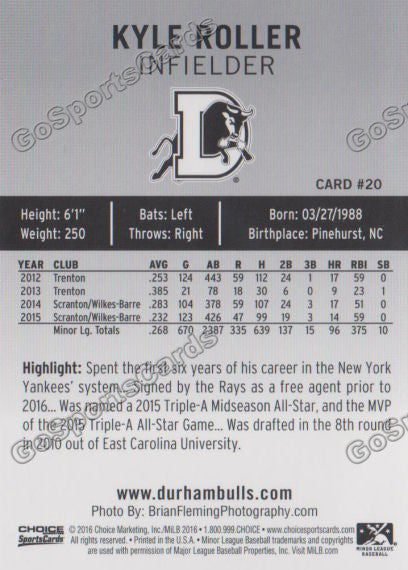  2016 Durham Bulls Kyle Roller Back of Card