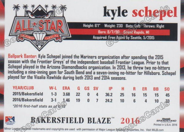 2016 California League All Star Kyle Schepel Back of Card