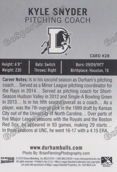 2016 Durham Bulls Kyle Snyder Back of Card