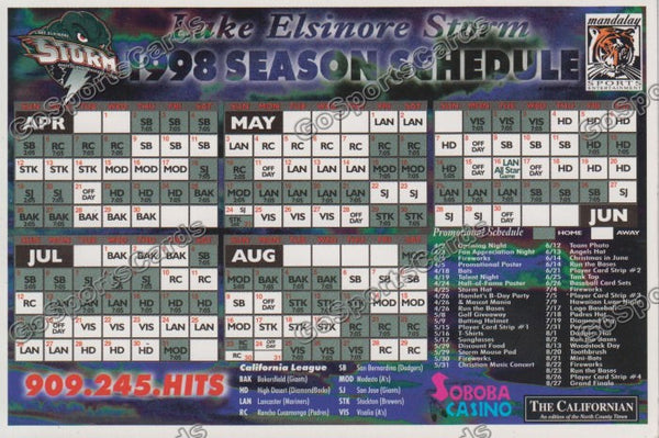 1998 Lake Elsinore Storm Magnet Schedule