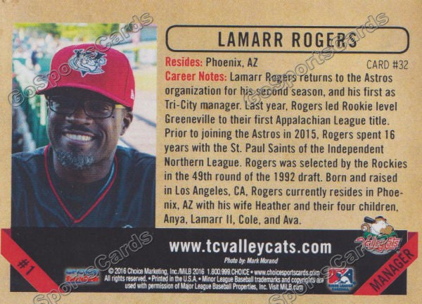 2016 Tri City ValleyCats Lamarr Rogers Back of Card