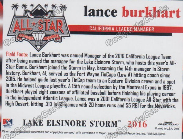 2016 California League All Star Lance Burkhart Back of Card