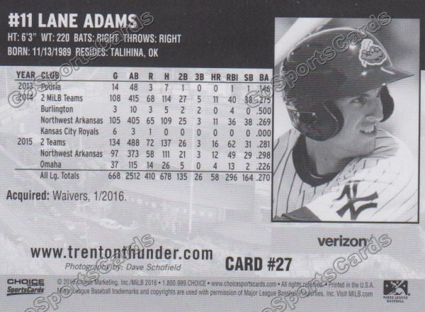 2016 Trenton Thunder Lane Adams Back of Card