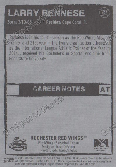2016 Rochester Red Wings Larry Bennese Back of Card