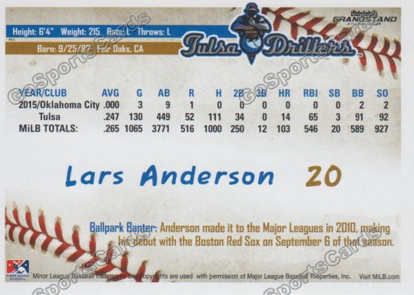 2016 Tulsa Drillers Lars Anderson Back of Card