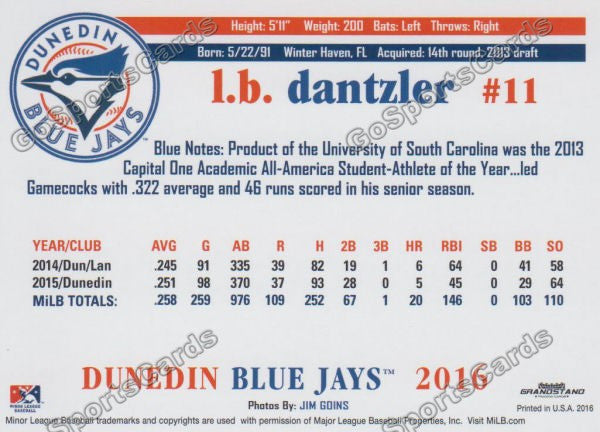 2016 Dunedin Blue Jays LB Dantzler  Back of Card
