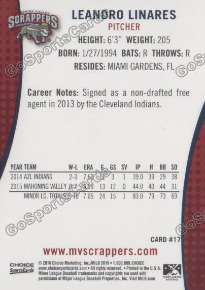 2016 Mahoning Valley Scrappers Leandro Linares Back of Card