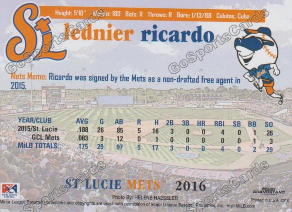 2016 St Lucie Mets Lednier Ricardo  Back of Card