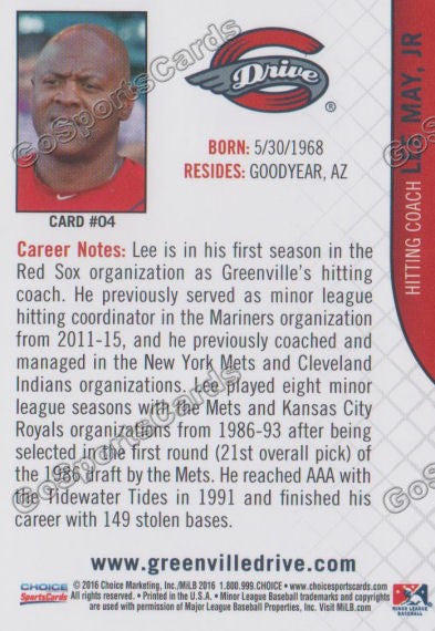 2016 Greenville Drive Lee May Jr Back of Card