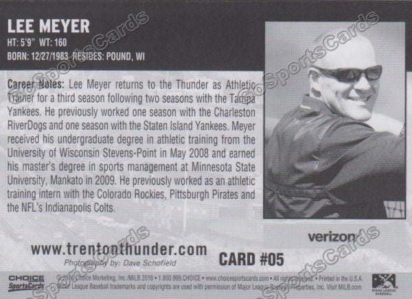 2016 Trenton Thunder Lee Meyer Back of Card
